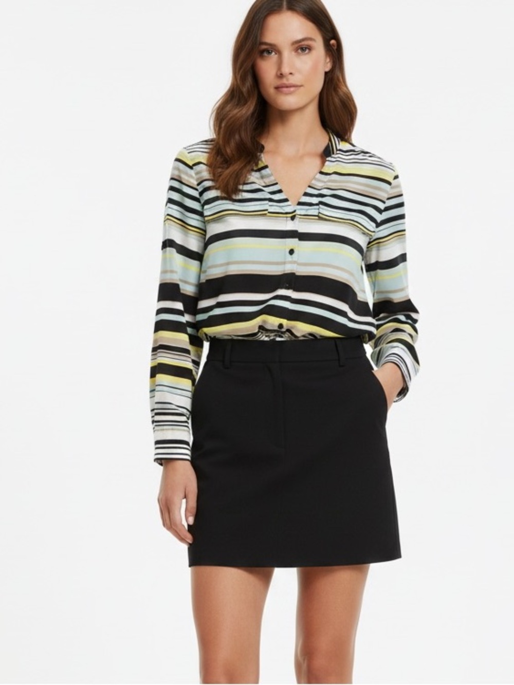 Calvin Klein Multi-Stripe Button-Down Shirt in Black, Yellow & Light Blue